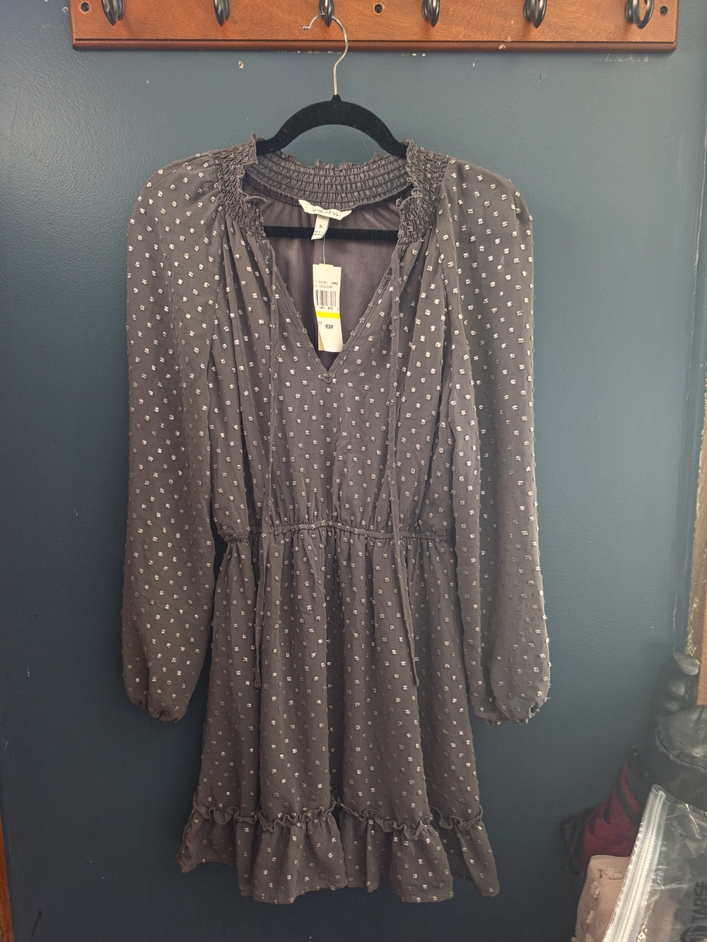 Gray V-neck Polka Dot Long Sleeve Ruffle Dress